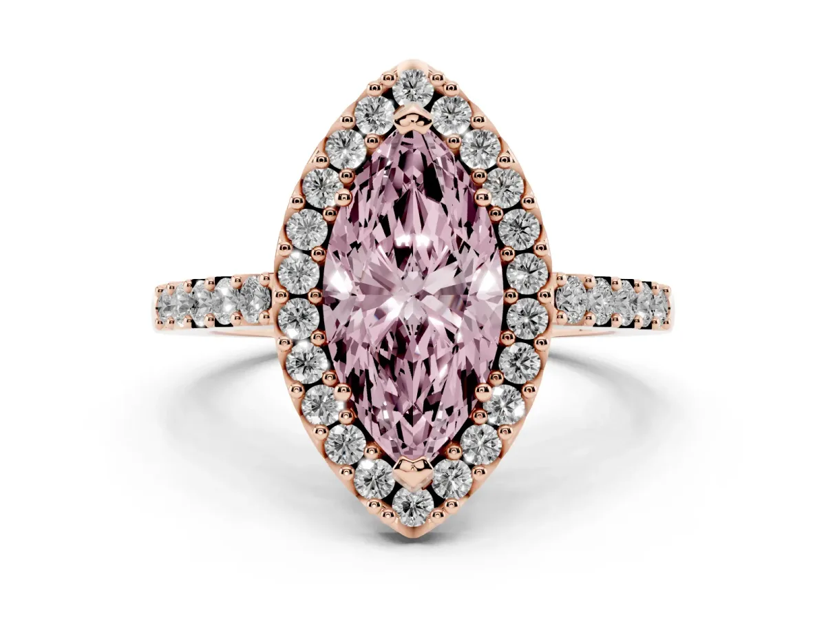 Fancy Pink Marquise Cut Halo Diamond Pavé Solitaire Ring Rose gold