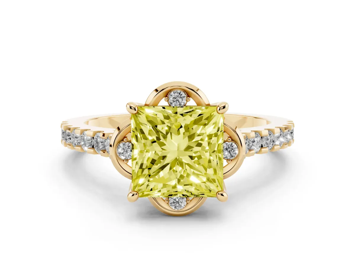 Fancy Yellow Princess Cut Diamond Ring with Pavé Band and Floral Prong Setting Yellow gold