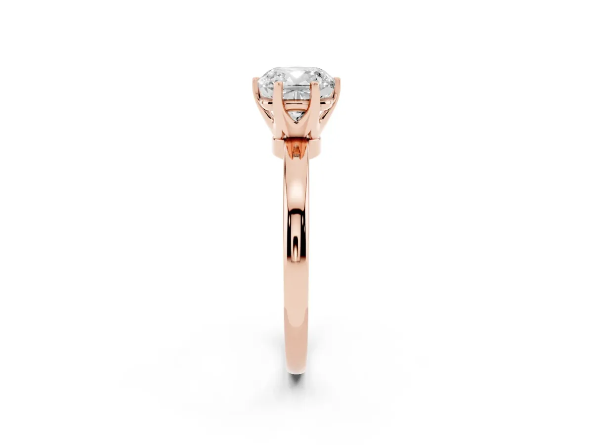 Cushion Cut Solitaire Diamond Ring with Six-Prong Setting on a Classic Band Rose gold
