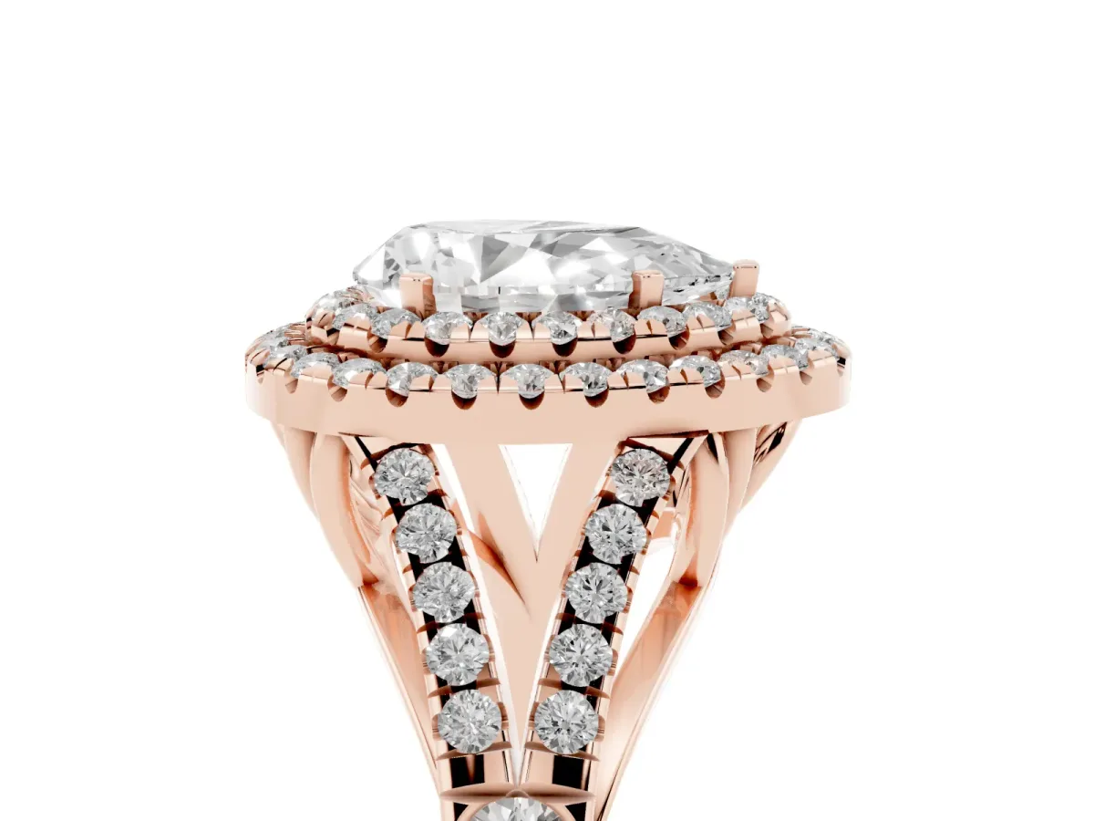 Pear Cut Cut Double Halo Split Shank Diamond Ring with Prong Setting Rose gold