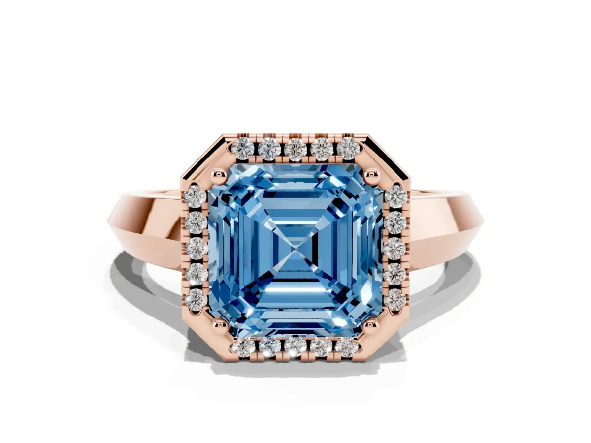 Fancy Blue Asscher Cut Halo Diamond Ring with Cathedral Band and Four-Prong Setting Rose gold