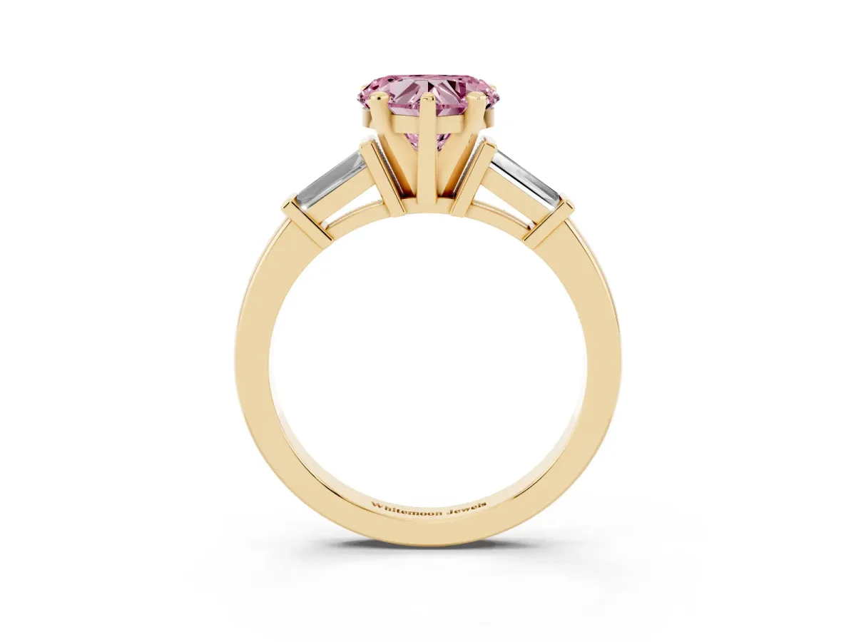 Fancy Pink Heart Cut Cut Diamond Solitaire Ring with Tapered Baguette Accents and Four-Prong Setting Yellow gold
