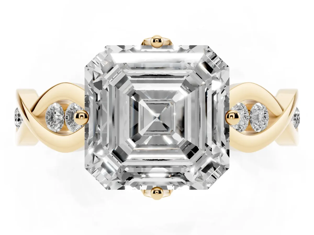 Asscher Cut Solitaire Twist Band with Leaf Prong Setting Yellow gold