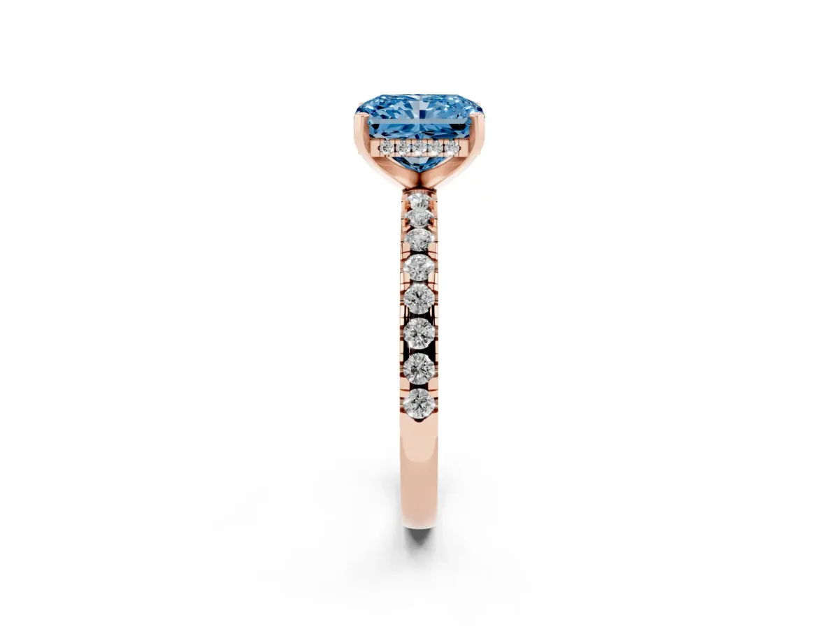 Fancy Blue Radiant Cut Diamond Solitaire Ring with Round Pavé Band and Four-Prong Setting Rose gold