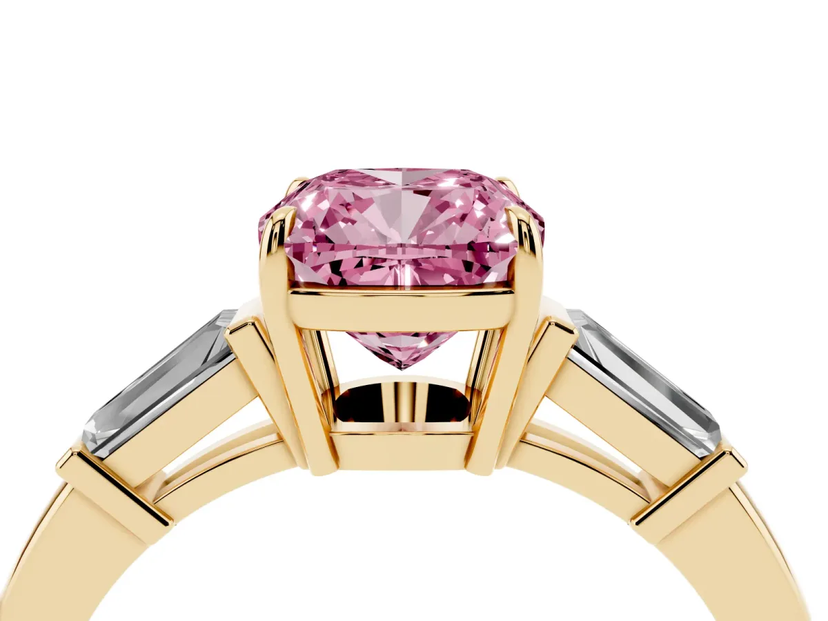 Fancy Pink Cushion Cut Diamond Three-Stone Ring with Tapered Baguette Side Stones and Prong Setting Yellow gold