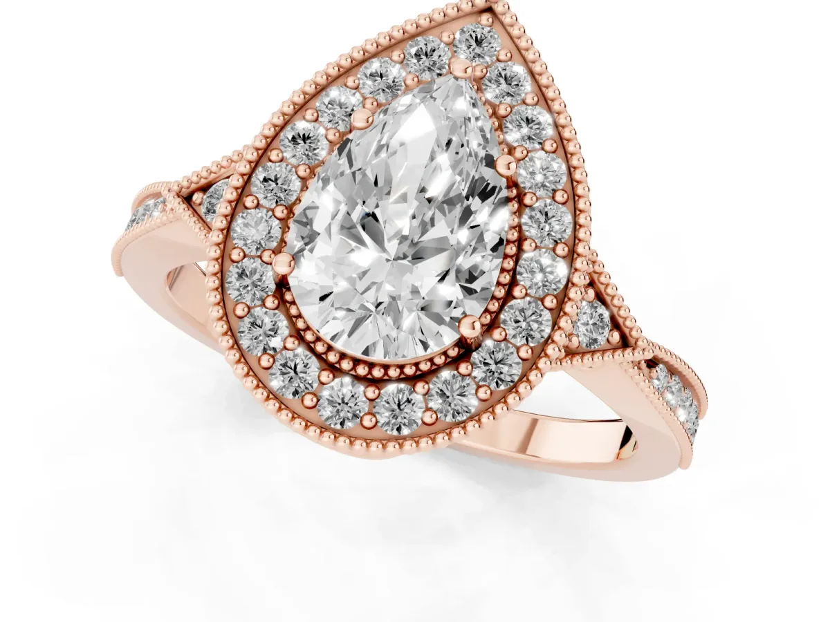 Pear Cut Halo Round Diamond Milgrain Pave Engagement Ring Rose gold