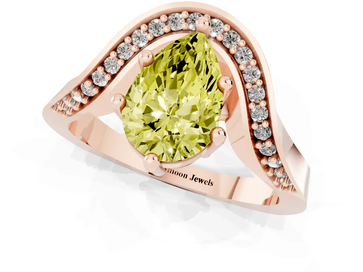 Fancy Yellow Pear Cut Solitaire Diamond Engagement Ring with Pave Band and Four-Prong Setting Rose gold