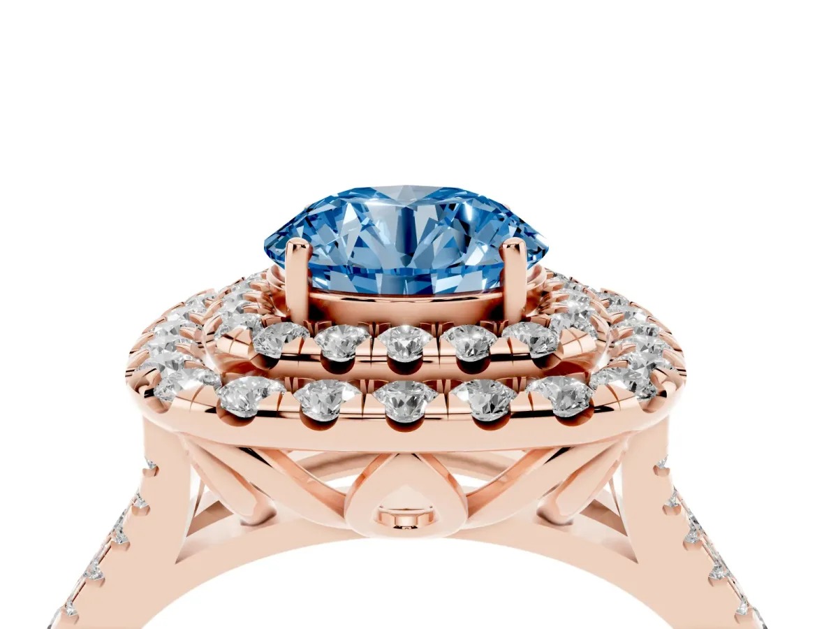 Fancy Blue Double Halo Round Cut Diamond Pavé Split Shank Ring with Prong Setting Rose gold