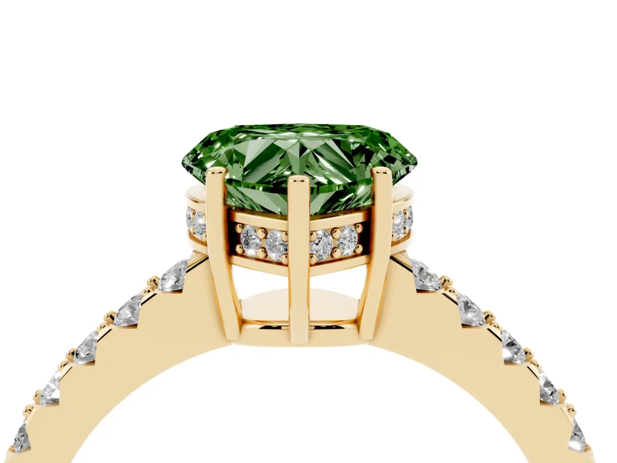 Fancy Green Heart Cut Solitaire Diamond Engagement Ring with Pavé Band and Six-Prong Setting Yellow gold