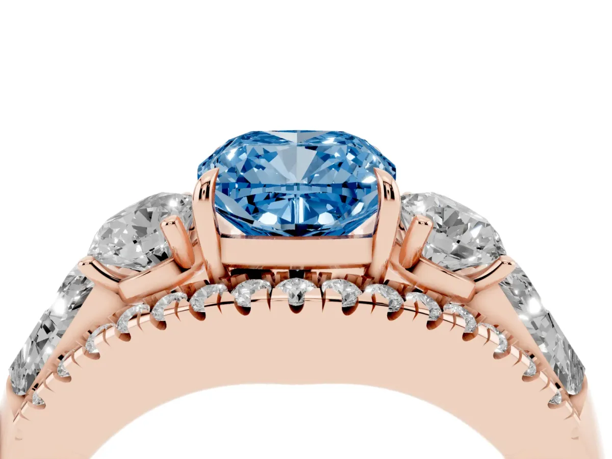 Fancy Blue Three-Stone Cushion Cut Diamond Engagement Ring with Pave Band and Prong Setting Rose gold