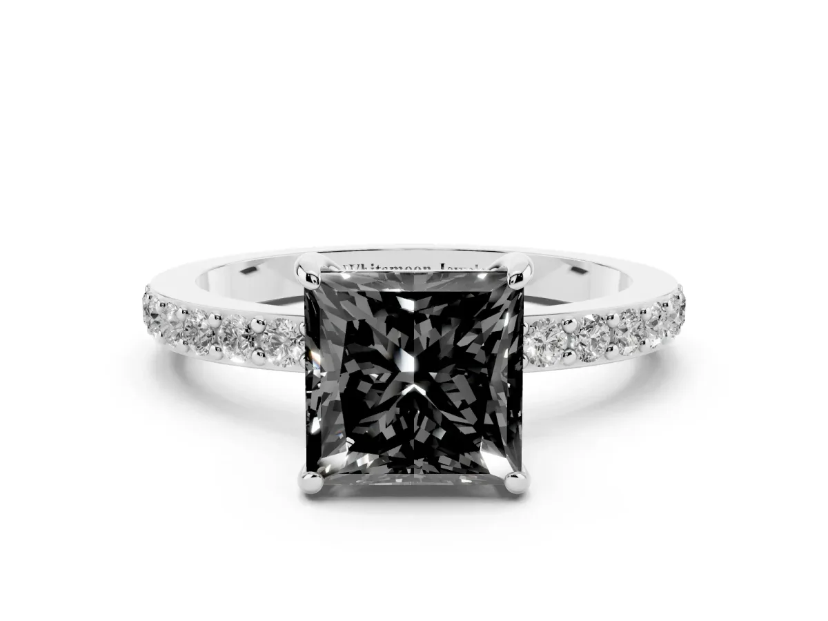 Fancy Black Princess Cut Diamond Pavé Engagement Ring with Round Accents and Prong Setting Silver