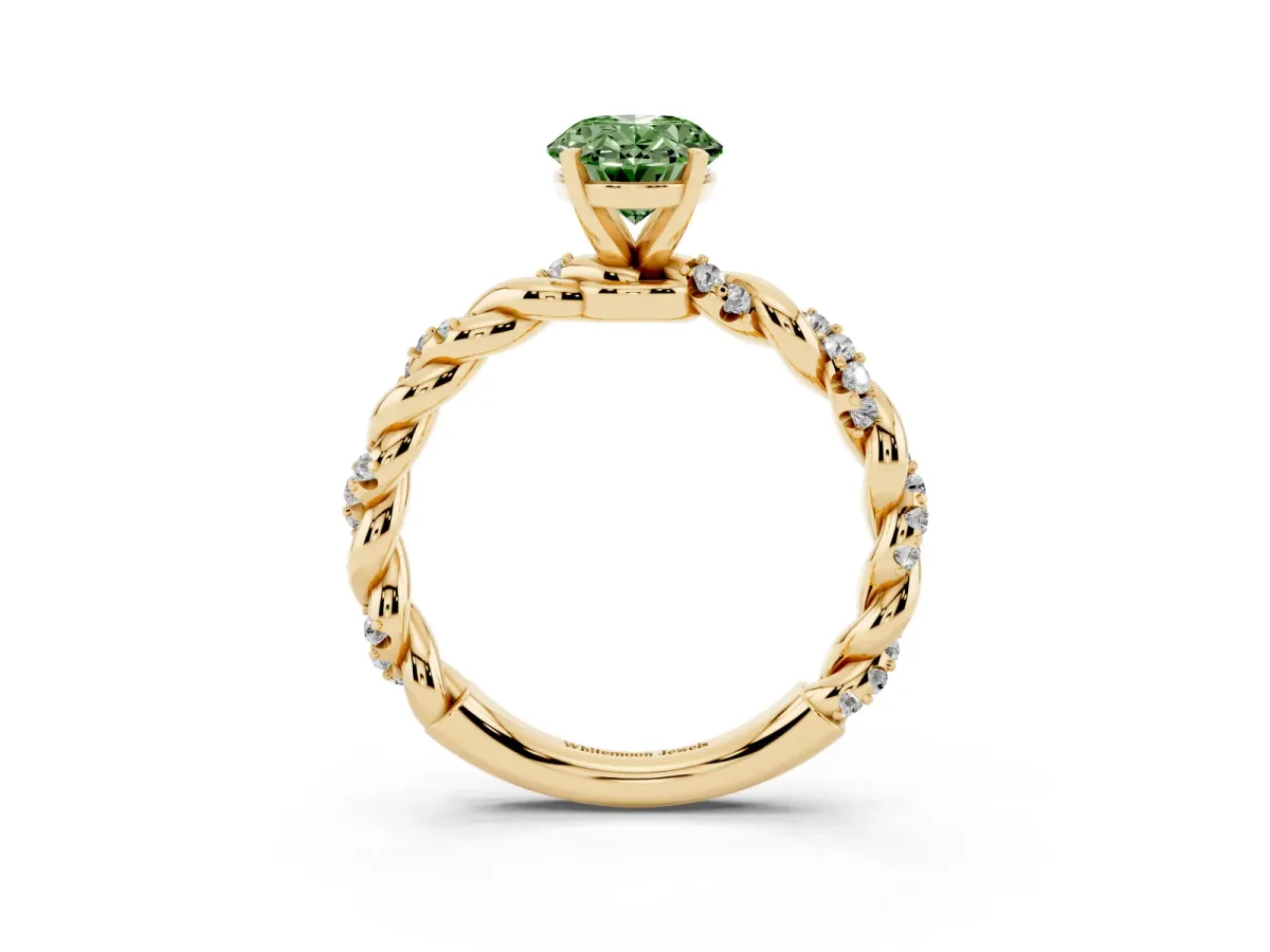 Fancy Green Oval Cut Diamond Solitaire Ring with Twisted Band and Pavé Accents Yellow gold