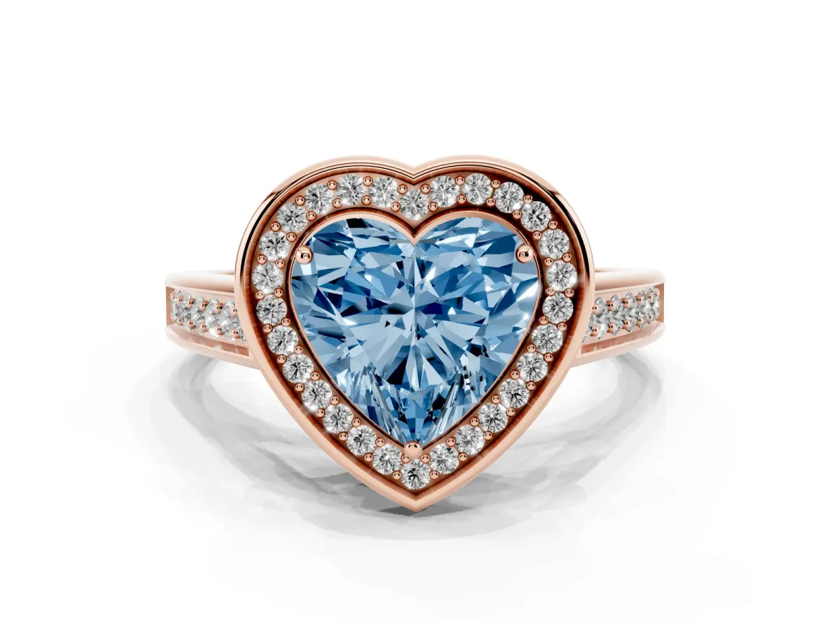 Fancy Blue Heart Cut Halo Solitaire Diamond Ring with Pave Band and Bezel Setting Rose gold