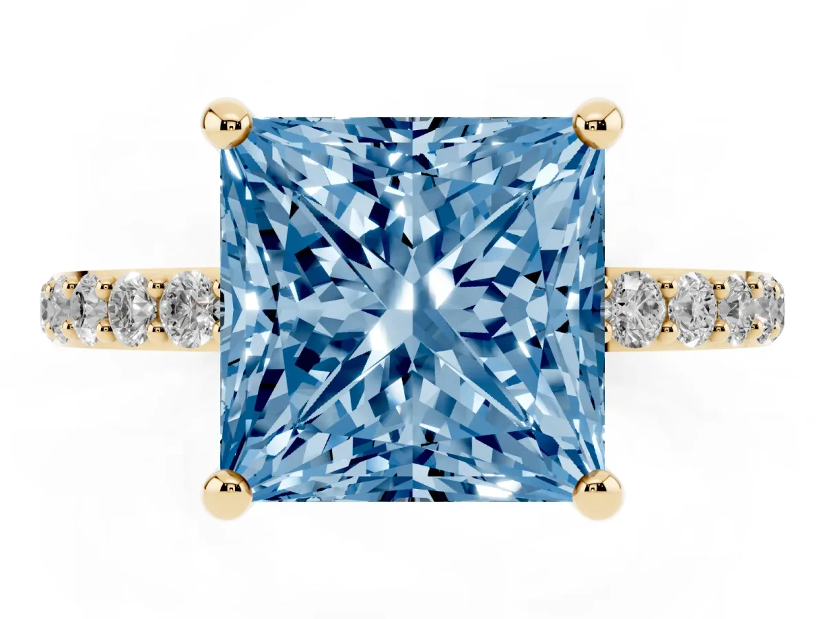 Fancy Blue Princess Cut Diamond Solitaire Ring with Round Pavé Band and Prong Setting Yellow gold