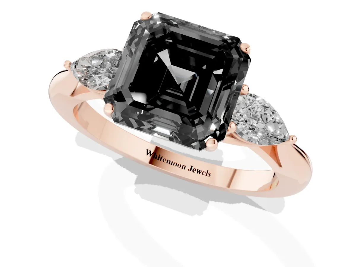 Fancy Black Asscher Cut Diamond Three-Stone Ring with Pear Side Stones and Prong Setting Rose gold