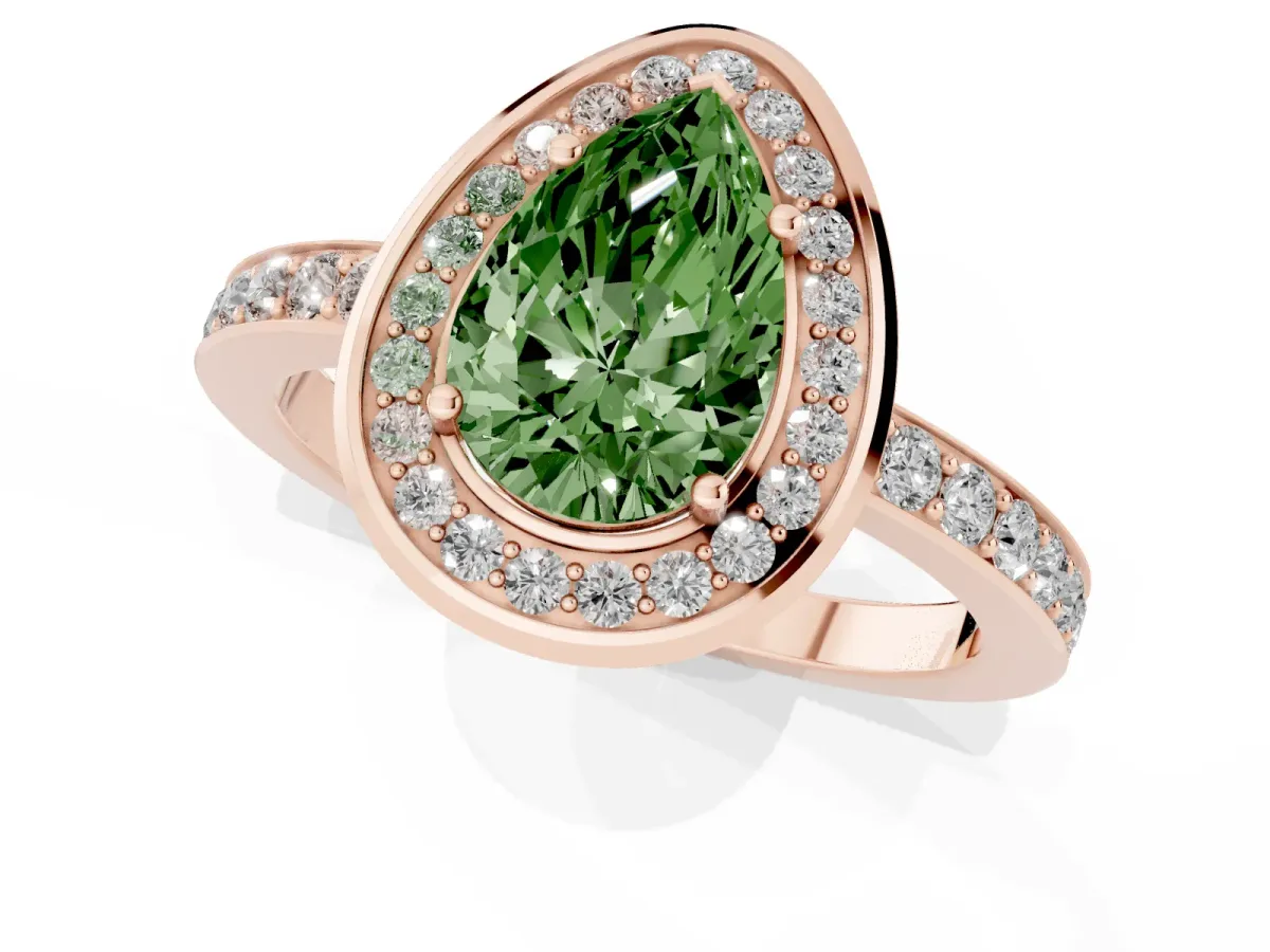 Fancy Green Pear Cut Diamond Halo Ring with Bezel Frame and Pavé Band Rose gold