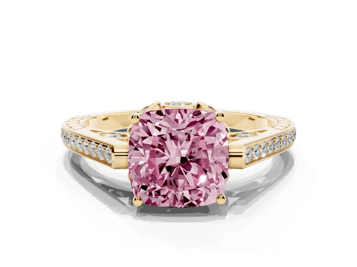 Fancy Pink Cushion Cut Cut Cathedral Pave Diamond Engagement Ring with Six-Prong Setting Yellow gold