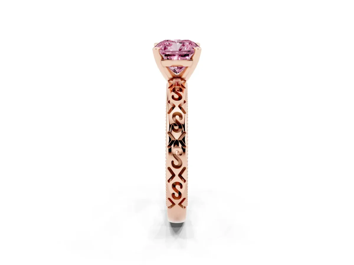 Fancy Pink Cushion Cut Solitaire Engagement Ring with Scrollwork Band and Four-Prong Setting Rose gold