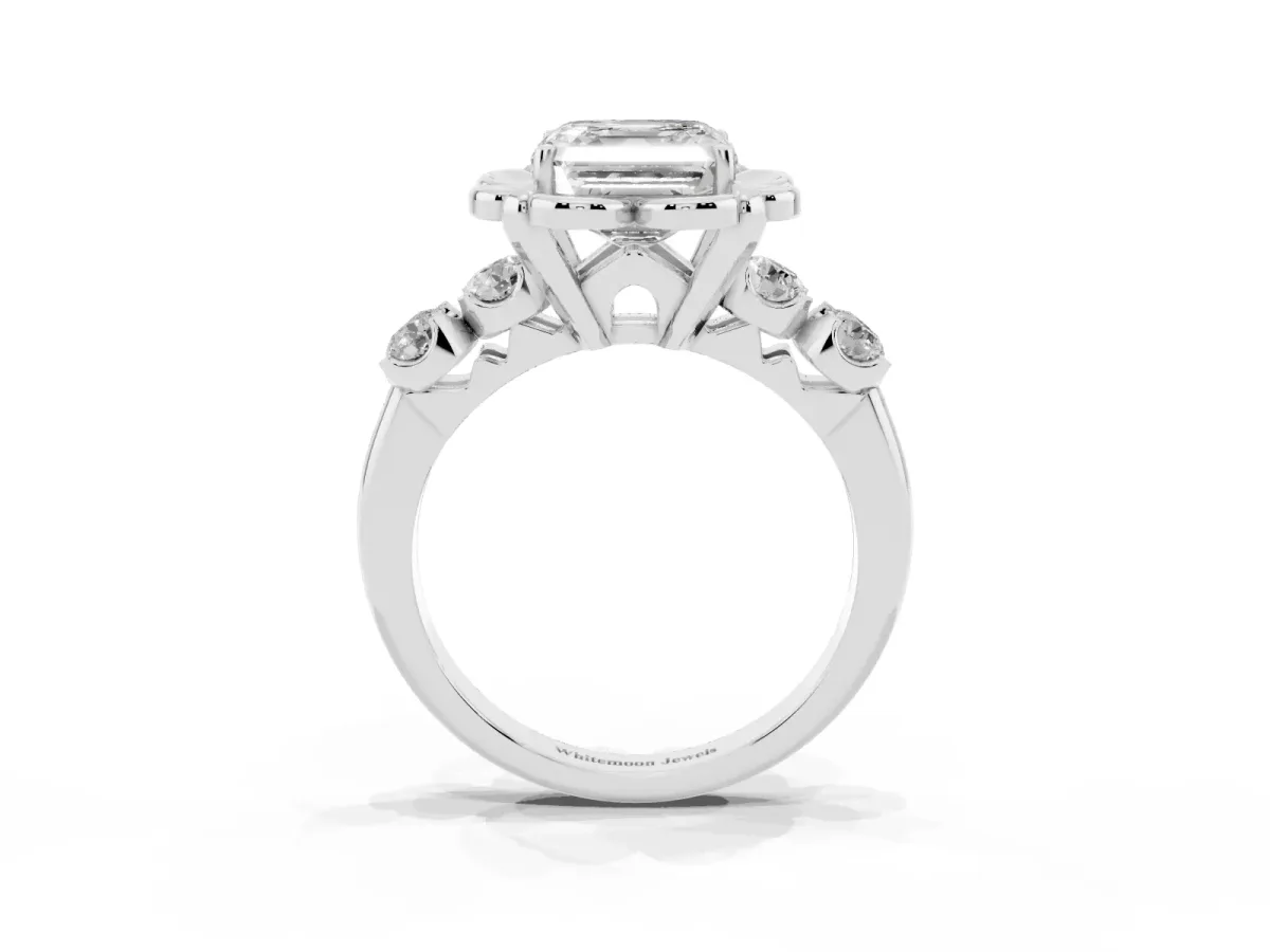 Asscher Cut Cut Diamond Floral Halo Engagement Ring with Shared Prong Setting Silver