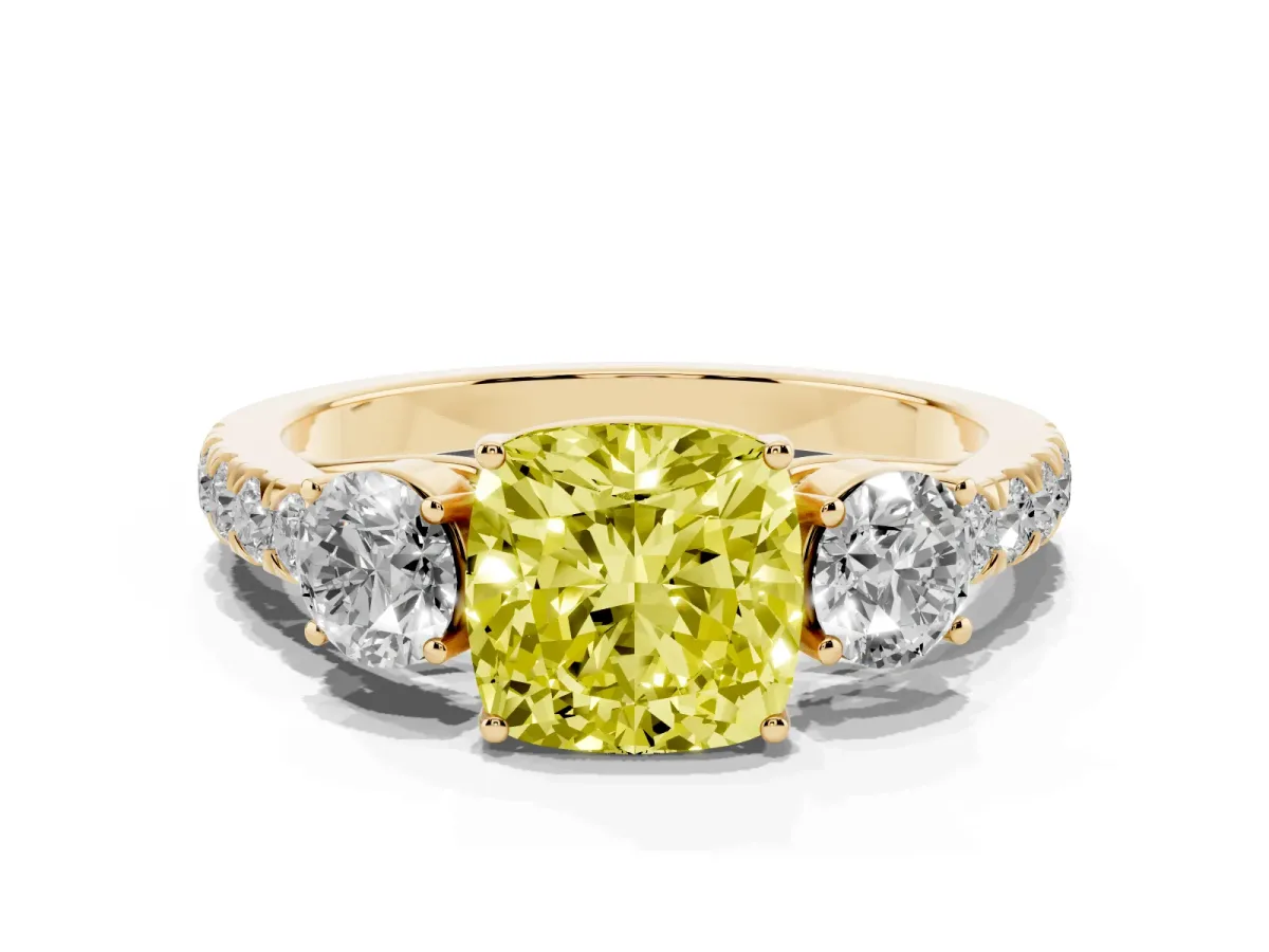 Fancy Yellow Cushion Cut Cut Diamond Three-Stone Ring with Round Side Stones and Pavé Band Yellow gold
