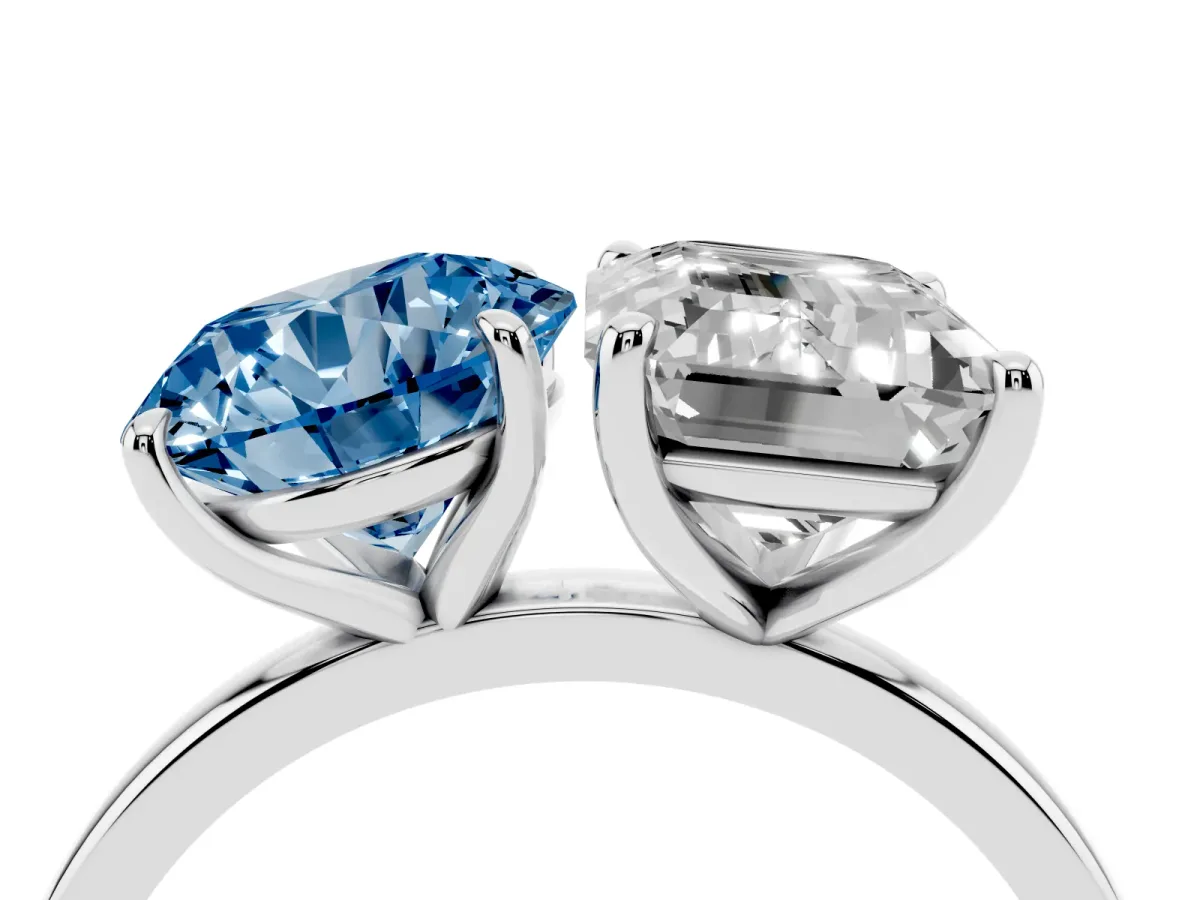 Fancy Blue Round Cut and Emerald Cut Toi Moi Ring with Prong Setting Silver