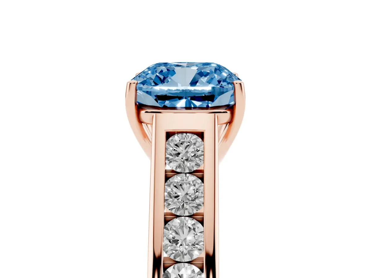 Fancy Blue Cushion Cut Solitaire Channel-Set Diamond Engagement Ring with Four-Prong Setting Rose gold