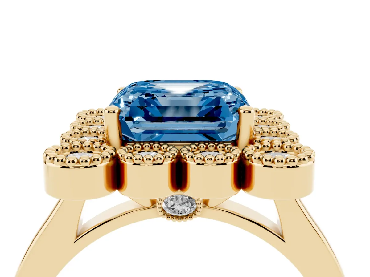 Fancy Blue Asscher Cut Halo Diamond Cluster Engagement Ring with Milgrain Bezel Setting and Solitaire Band Yellow gold