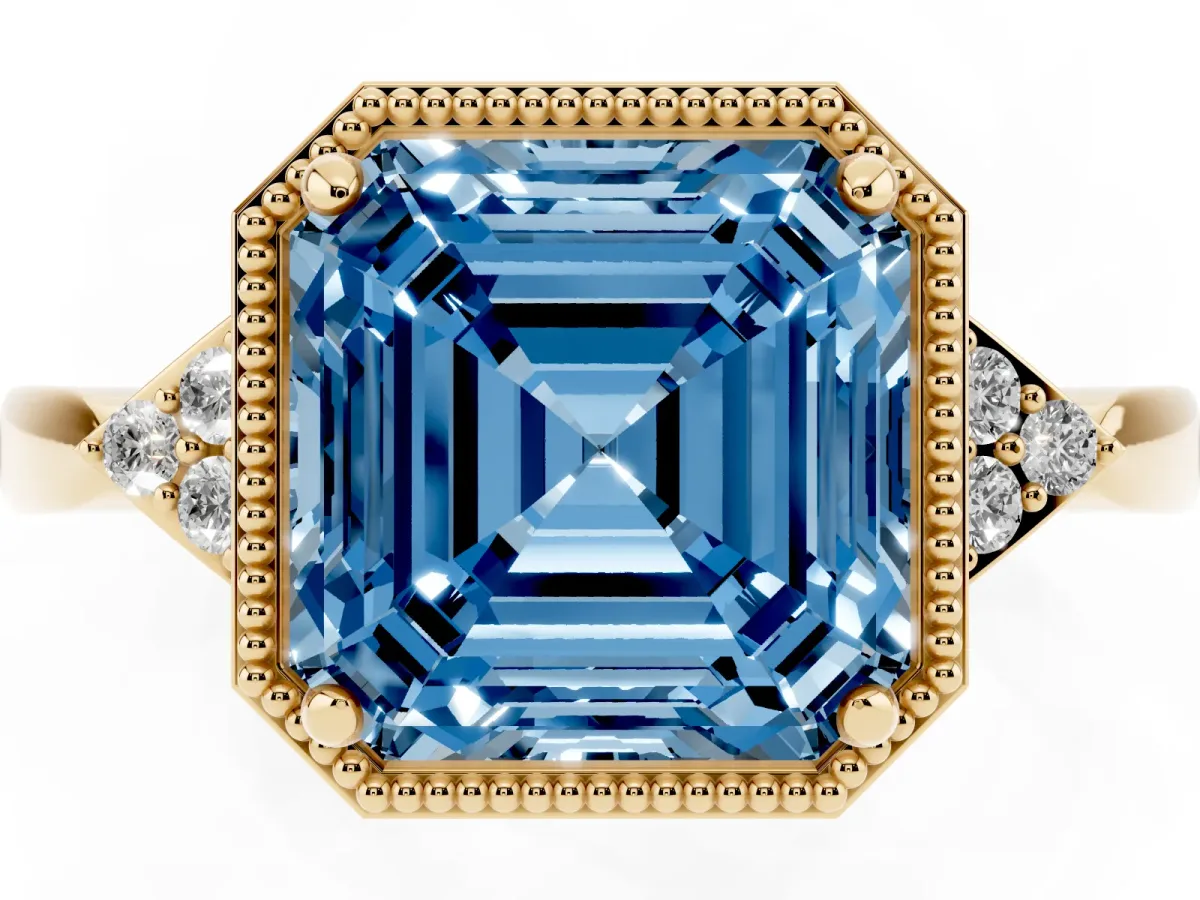Fancy Blue Hexagonal Halo Asscher Cut Diamond Solitaire with Pavé Band and Four-Prong Setting Yellow gold
