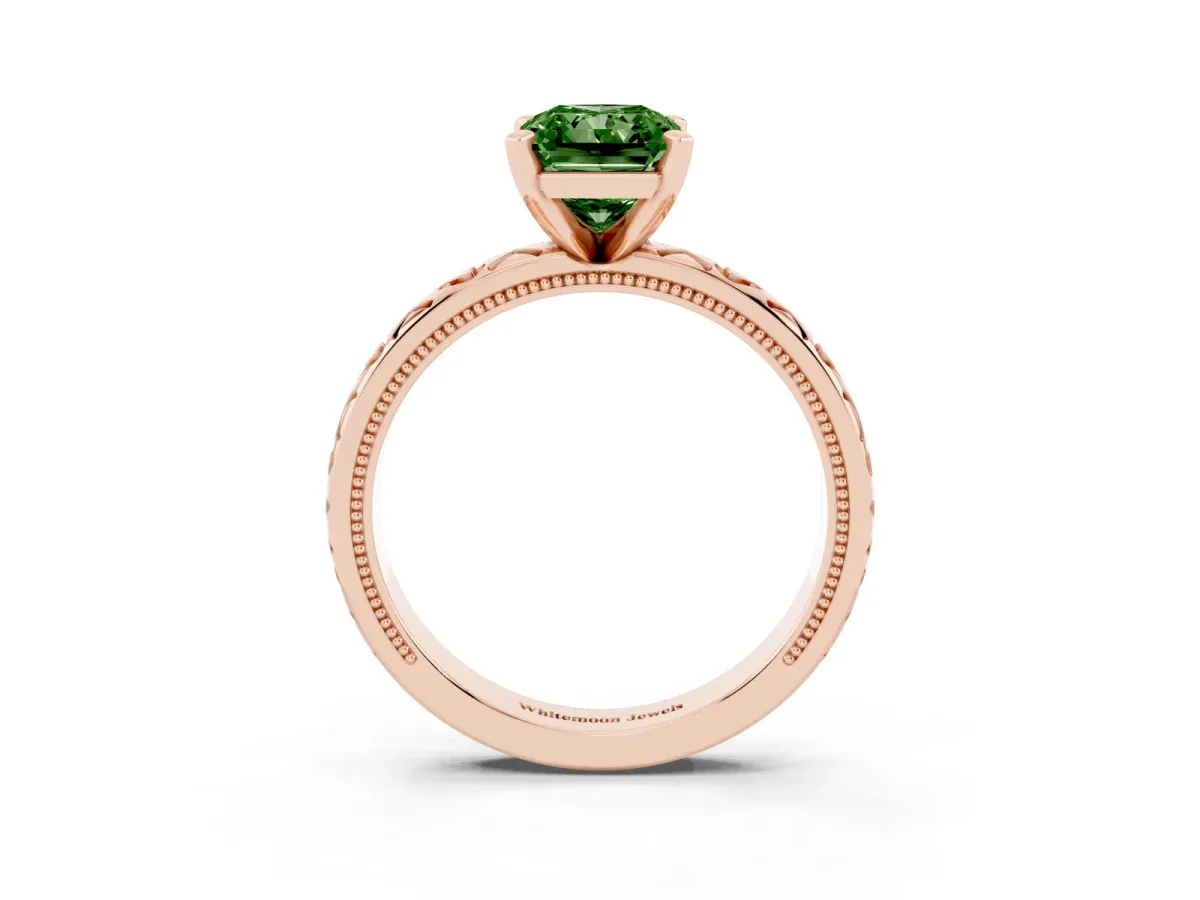 Fancy Green Radiant Cut Solitaire Diamond Engagement Ring with XO Engraved Band and Four-Prong Setting Rose gold