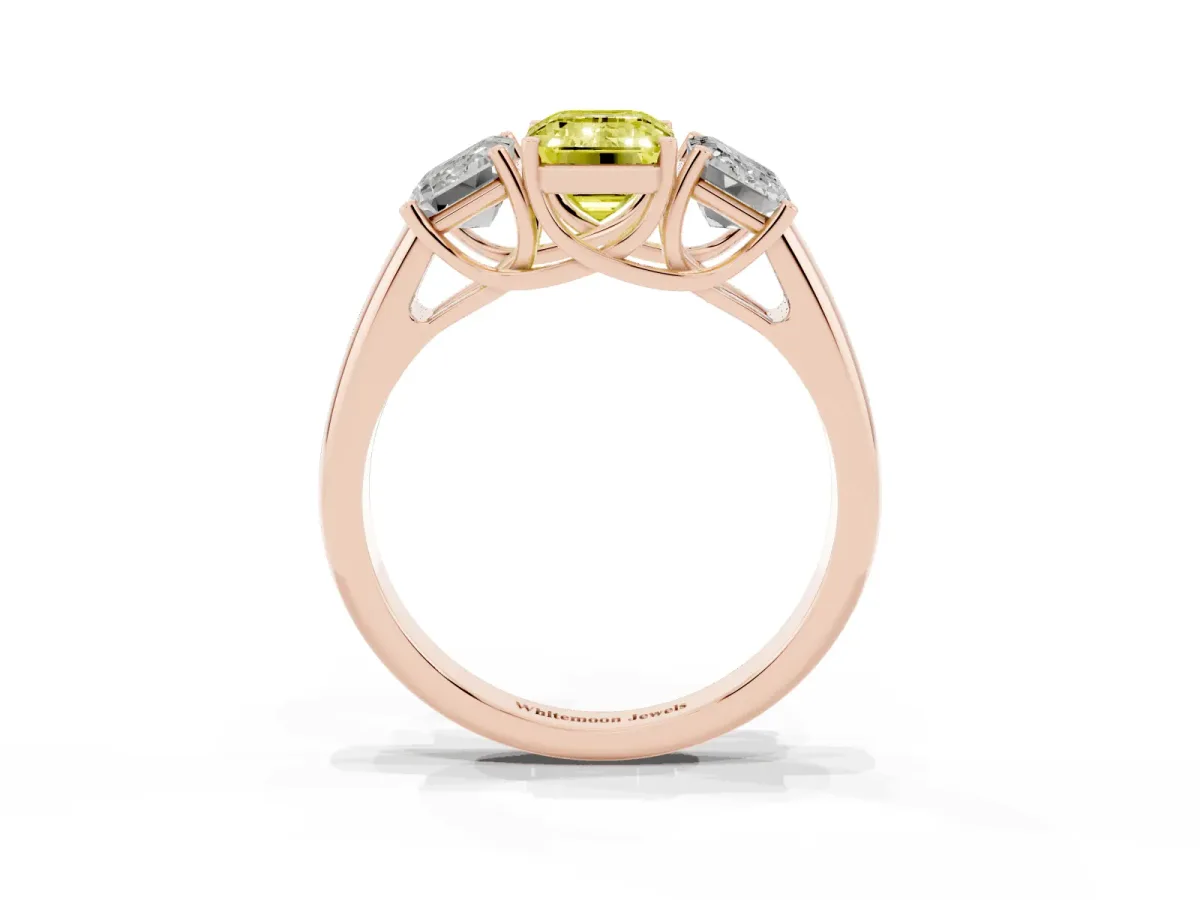Fancy Yellow Three-Stone Emerald Cut Diamond Engagement Ring with Prong Setting Rose gold