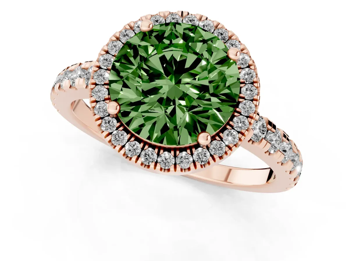 Fancy Green Round Cut Diamond Halo Ring with Pavé Band and Four-Prong Setting Rose gold