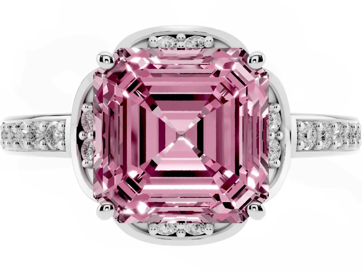Fancy Pink Asscher Cut Cut Halo Diamond Ring with Channel Set Band and Four-Prong Setting White gold