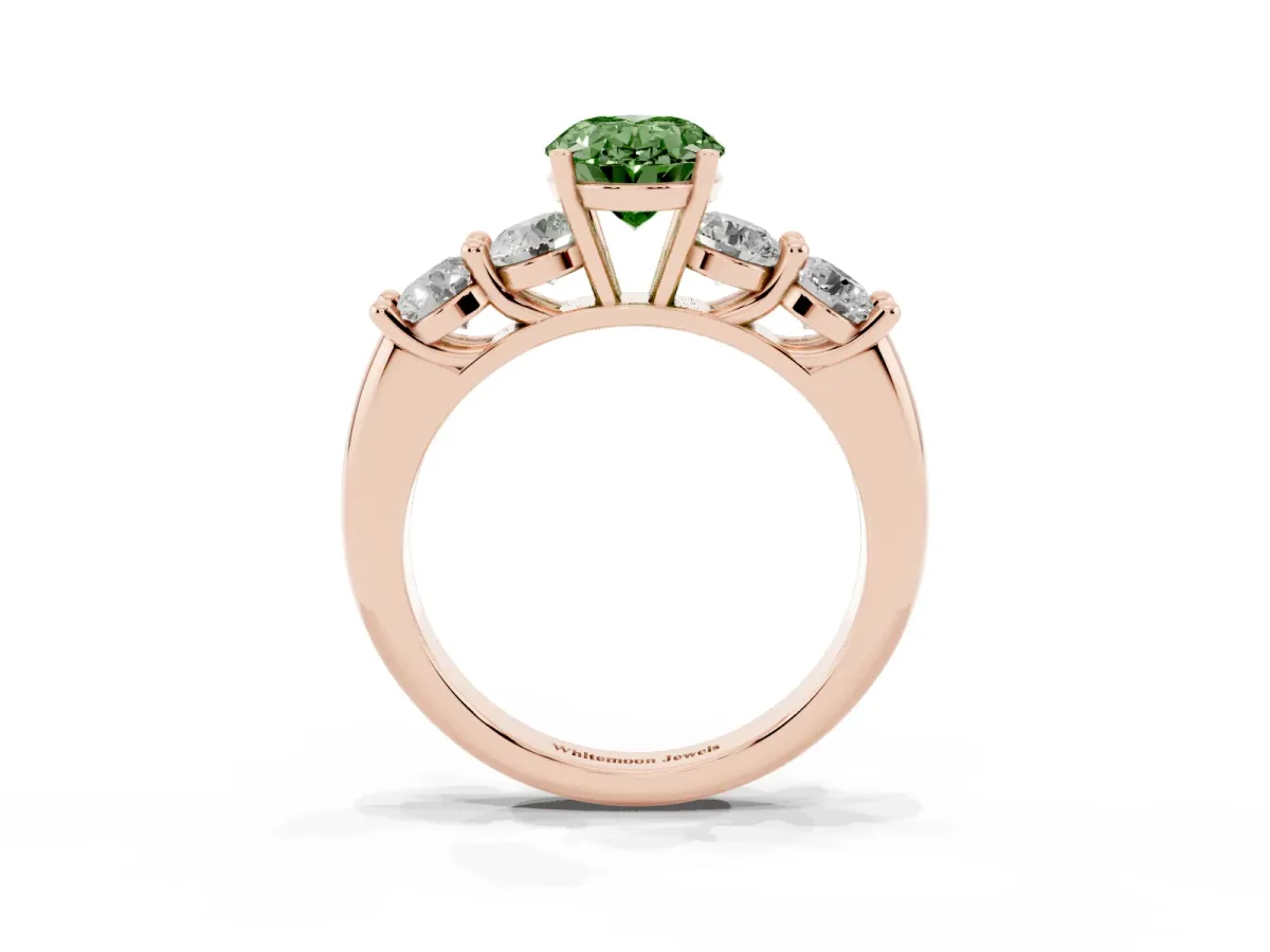 Fancy Green Oval Cut Cut Five-Stone Prong Set Diamond Ring with Classic Band Rose gold