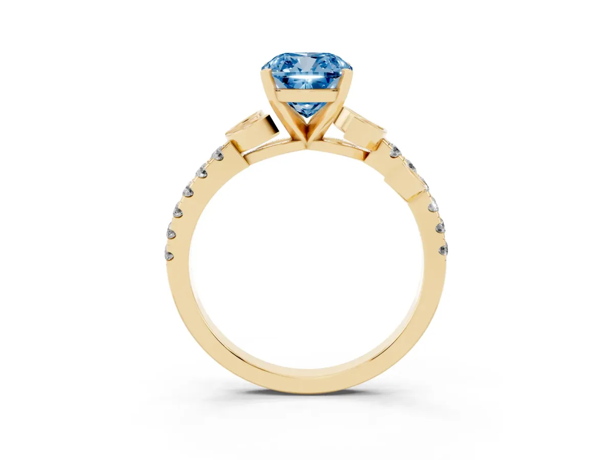 Fancy Blue Cushion Cut Solitaire Leaf-Inspired Diamond Ring with Pavé Band and Four-Prong Setting Yellow gold