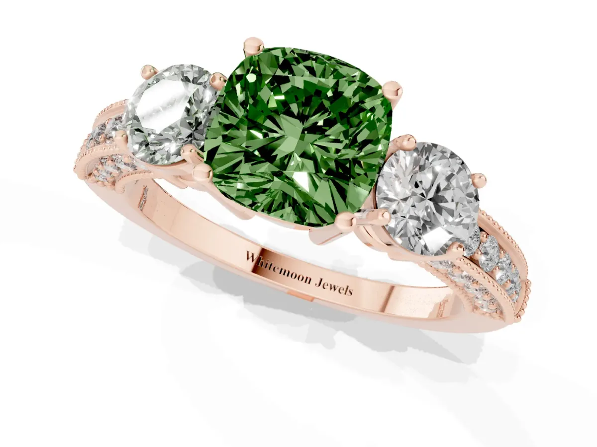 Fancy Green Cushion Cut Three-Stone Diamond Ring with Pavé Band and Four-Prong Setting Rose gold