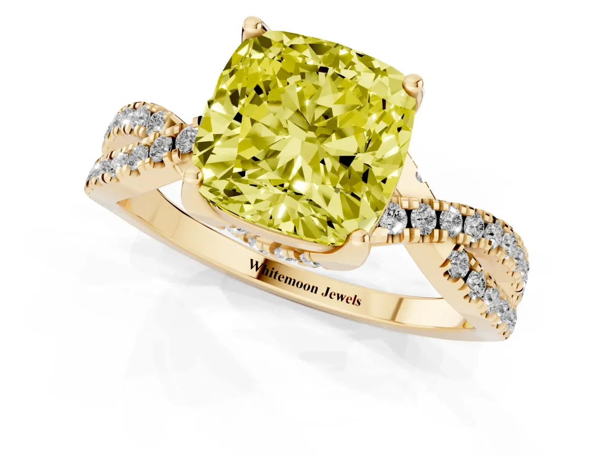 Fancy Yellow Cushion Cut Solitaire Twist Pave Diamond Engagement Ring with Prong Setting Yellow gold
