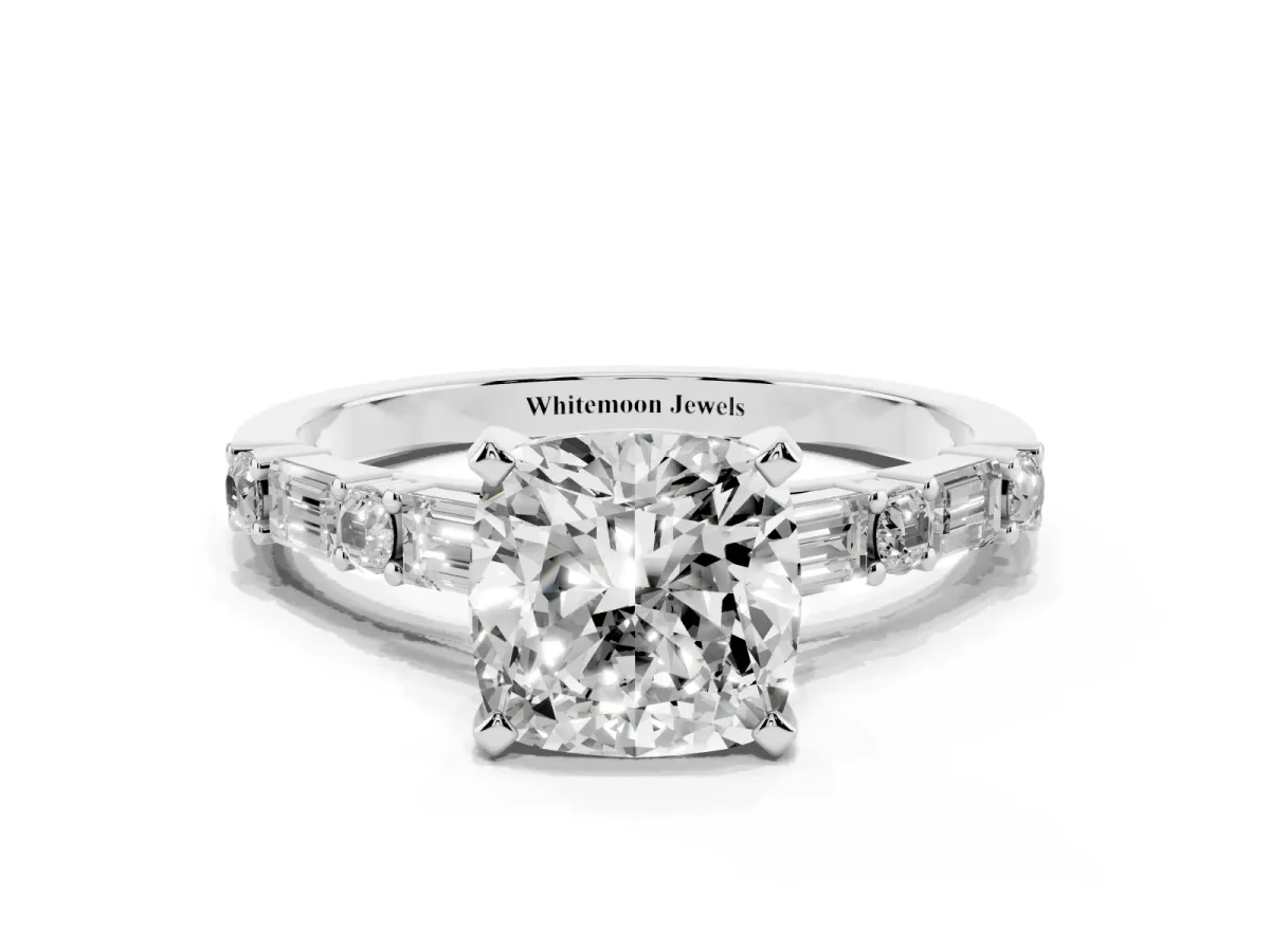 Cushion Cut Diamond Solitaire with Side Baguettes and Channel Set Band Platinum
