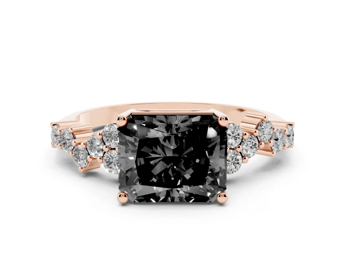 Fancy Black Radiant Cut Diamond Scattered Round Accent Ring with Prong Setting Rose gold