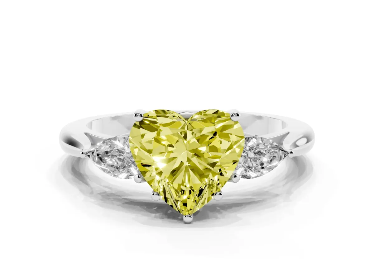 Fancy Yellow Heart Cut Diamond Three-Stone Ring with Pear Side Stones and Prong Setting Silver
