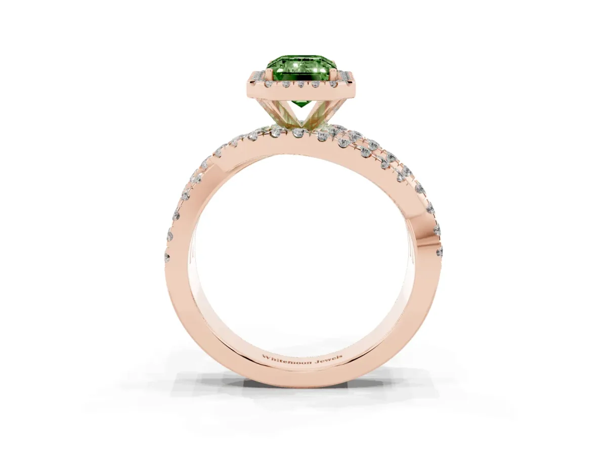 Fancy Green Emerald Cut Diamond Halo Ring with Round Split Shank and Prong Setting Rose gold