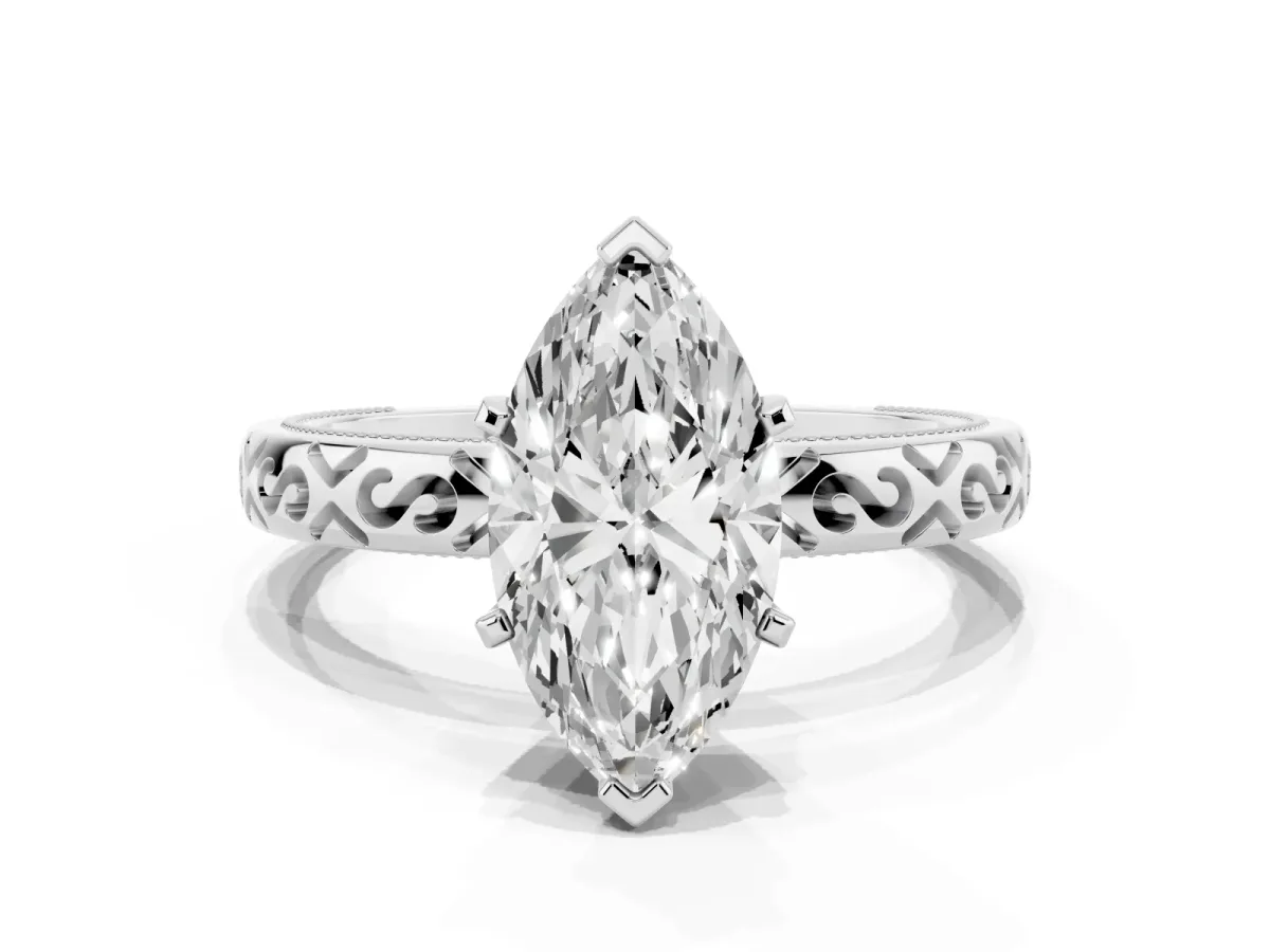 Marquise Cut Solitaire Engagement Ring with Scrollwork Band and Four-Prong Setting White gold