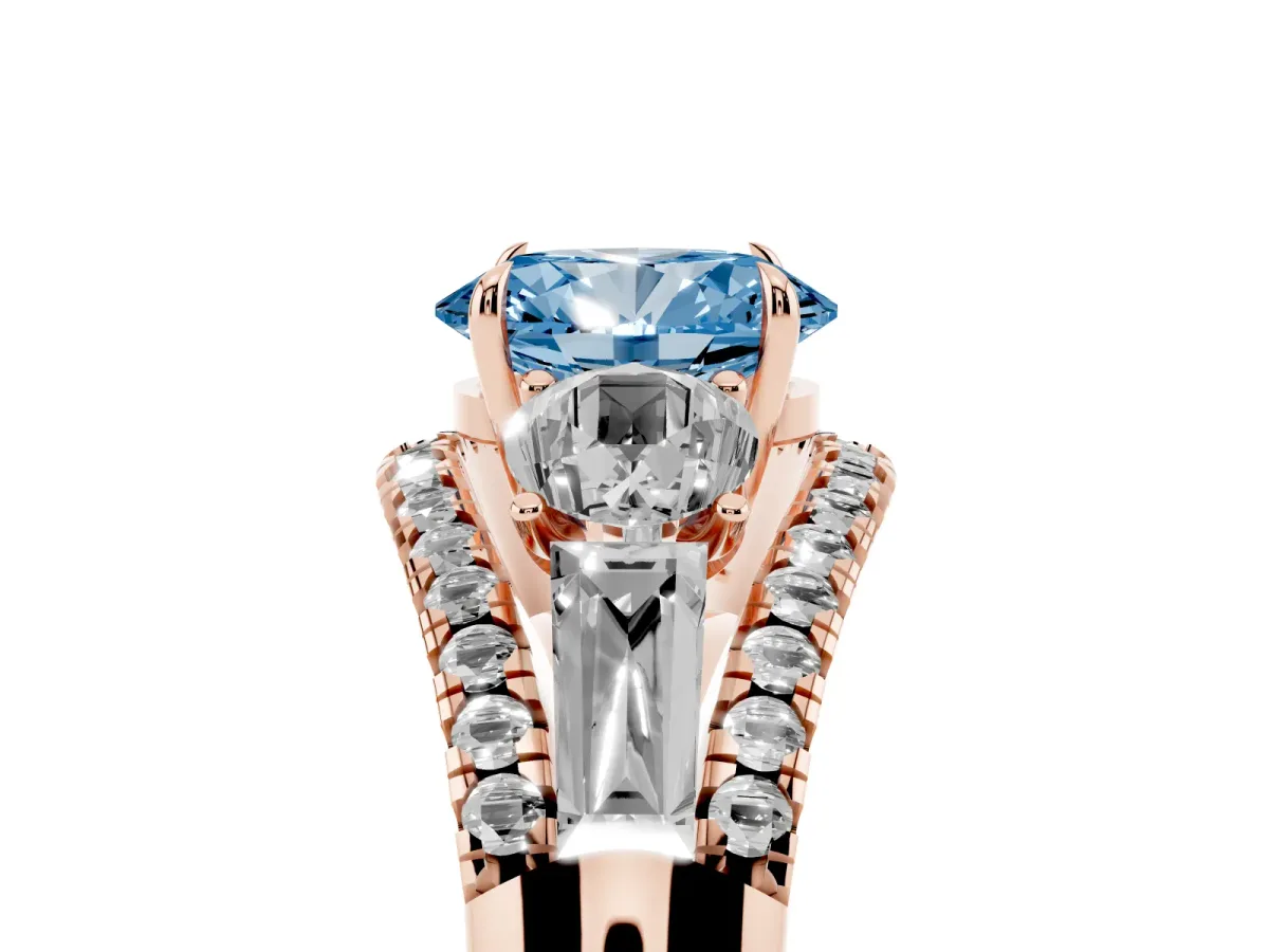 Fancy Blue Three-Stone Oval Cut Diamond Engagement Ring with Pave Band and Prong Setting Rose gold
