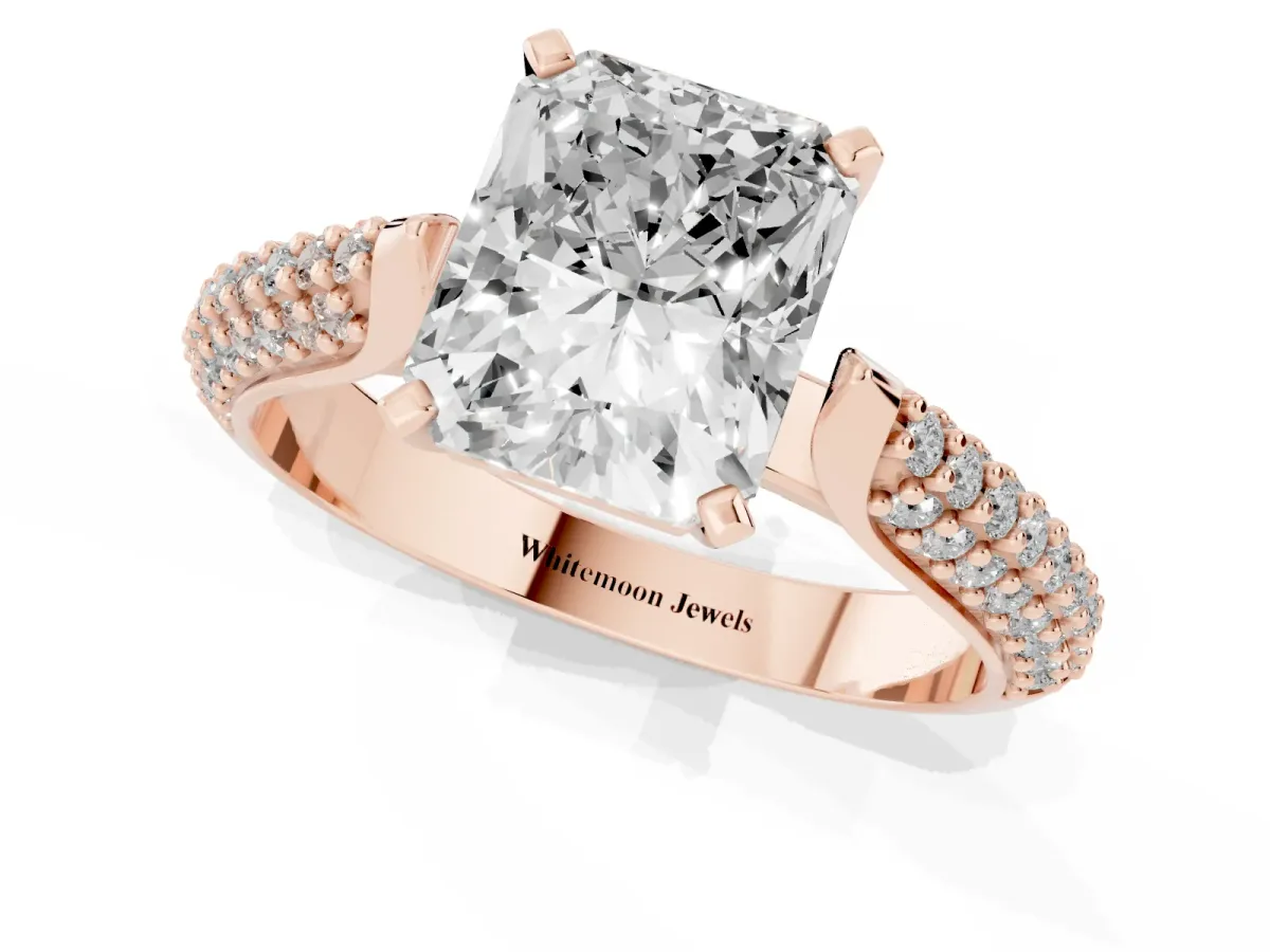 Radiant Cut Diamond Solitaire Engagement Ring with Multi-Row Round Pavé Band and Prong Setting Rose gold