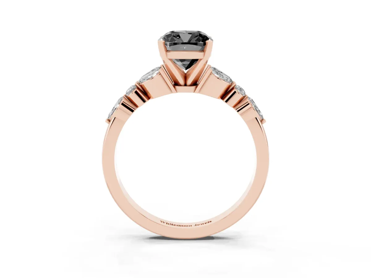 Fancy Black Cushion Cut Diamond Solitaire Ring with Side Stones and Four-Prong Setting Rose gold