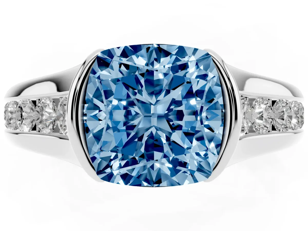 Fancy Blue Cushion Cut Solitaire Bezel-Set Diamond Ring with Channel-Set Band Silver