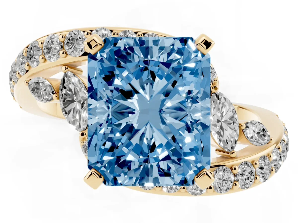 Fancy Blue Radiant Cut Solitaire with Pavé Twist Band and Four-Prong Setting Yellow gold