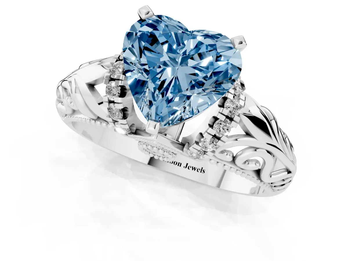 Fancy Blue Heart Cut Solitaire Filigree Engagement Ring with Halo and Prong Setting White gold