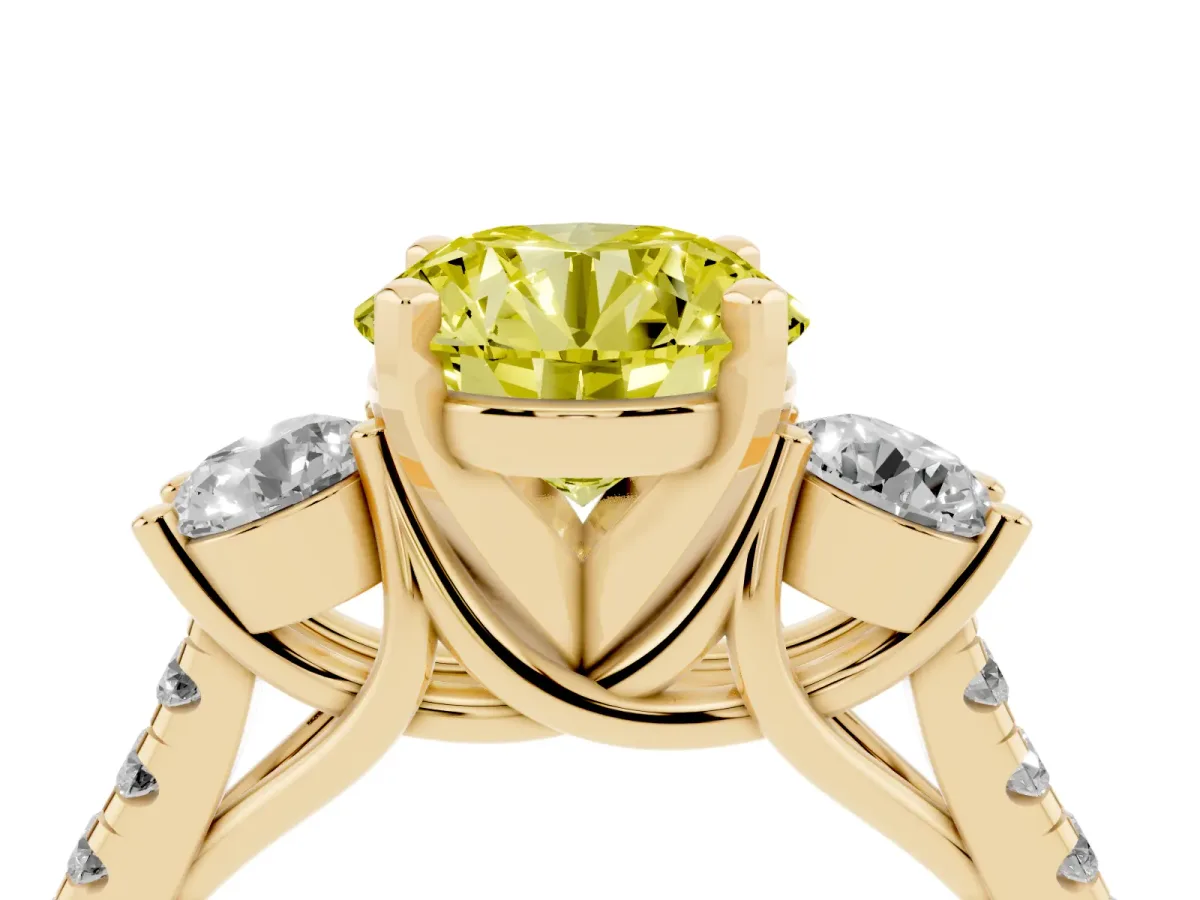 Fancy Yellow Three-Stone Round Cut Diamond Pavé Band with Four-Prong Setting Yellow gold