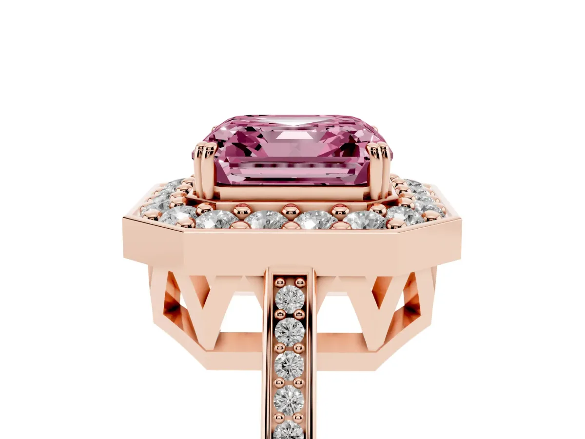 Fancy Pink Asscher Cut Diamond Halo Ring with Split Shank and Four-Prong Setting Rose gold