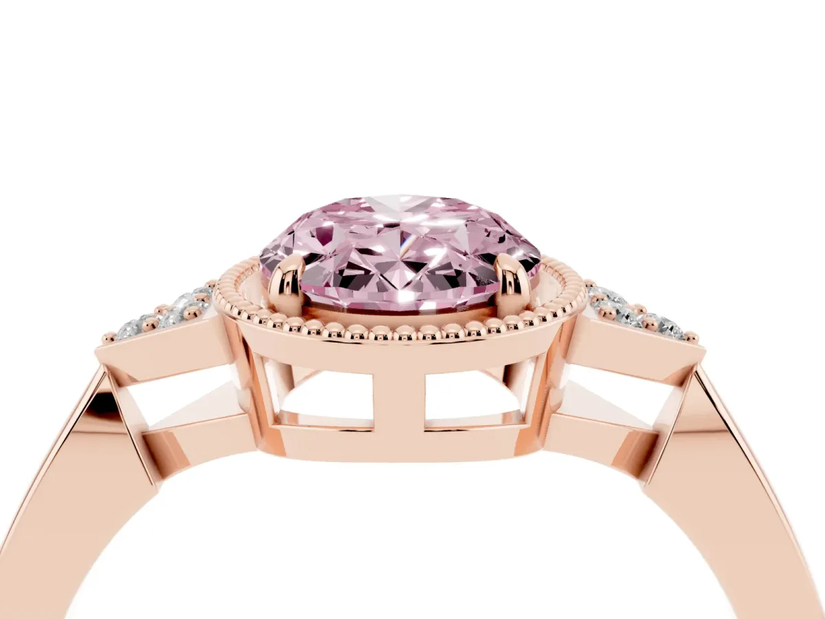 Fancy Pink Oval Cut Diamond Halo Ring with Tapered Band and Four-Prong Setting Rose gold